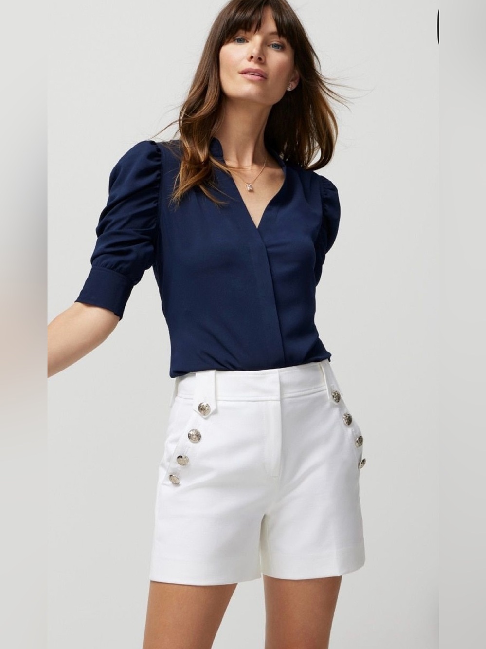 WHBM Navy Ruched-Sleeve Shirt